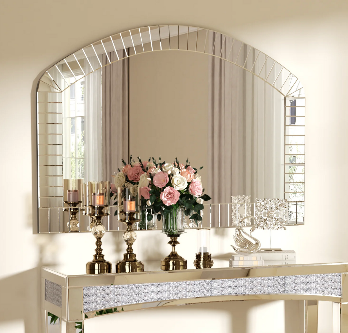 Venetian Arched Wall Mirror With Beveled Glass Accent