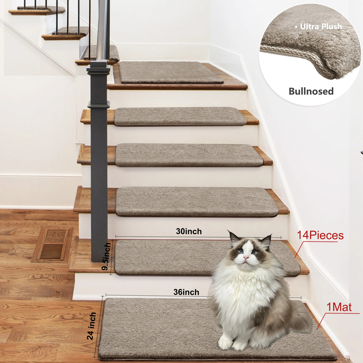Bullnose Non-Slip Carpet Stair Treads Ultra Plush Peel Stick