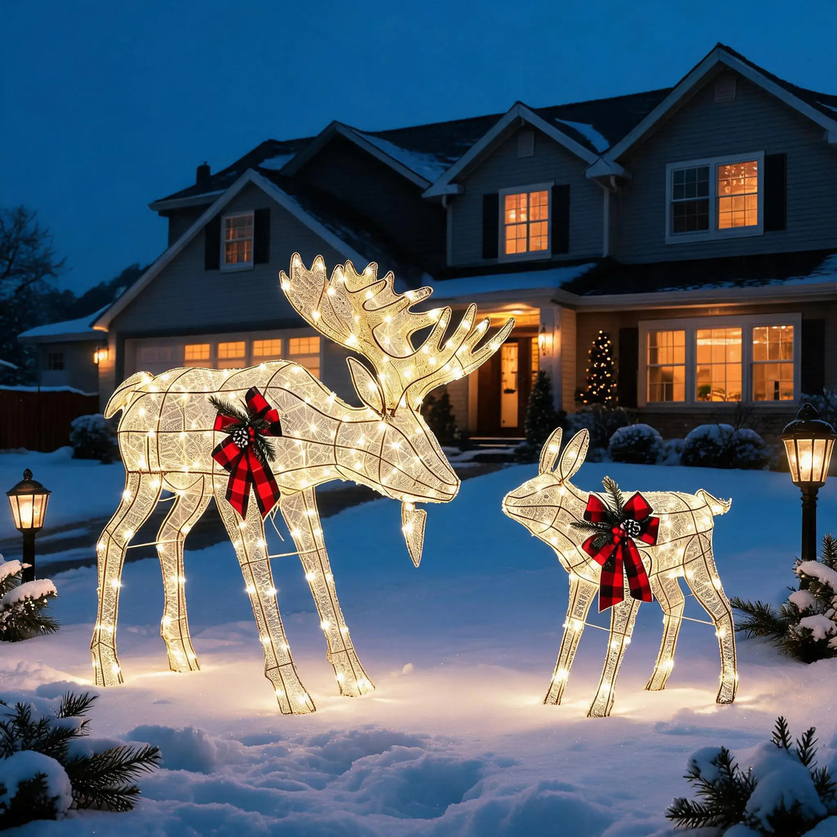 2 Piece Lighted Christmas Reindeer Family Outdoor Yard Decoration with 240 LED Lights Gold Glowing Reindeer Lawn Ornament Holiday Party Garden Yard Decor Winter Festival Outdoor Display