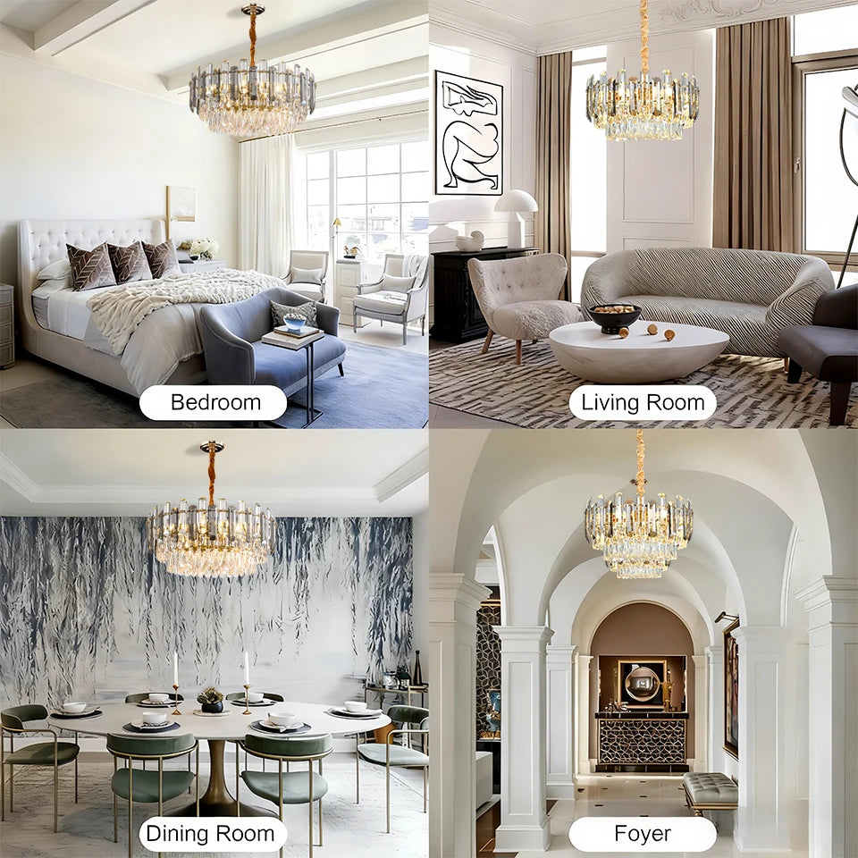 Gold Crystal Chandelier – Adjustable Round K9 Crystal Chandelier – Modern Crystal Chandelier Suitable for Dining Room, Living Room, Kitchen Island, Bedroom, Foyer, and Entryway (Bulbs Not Included)