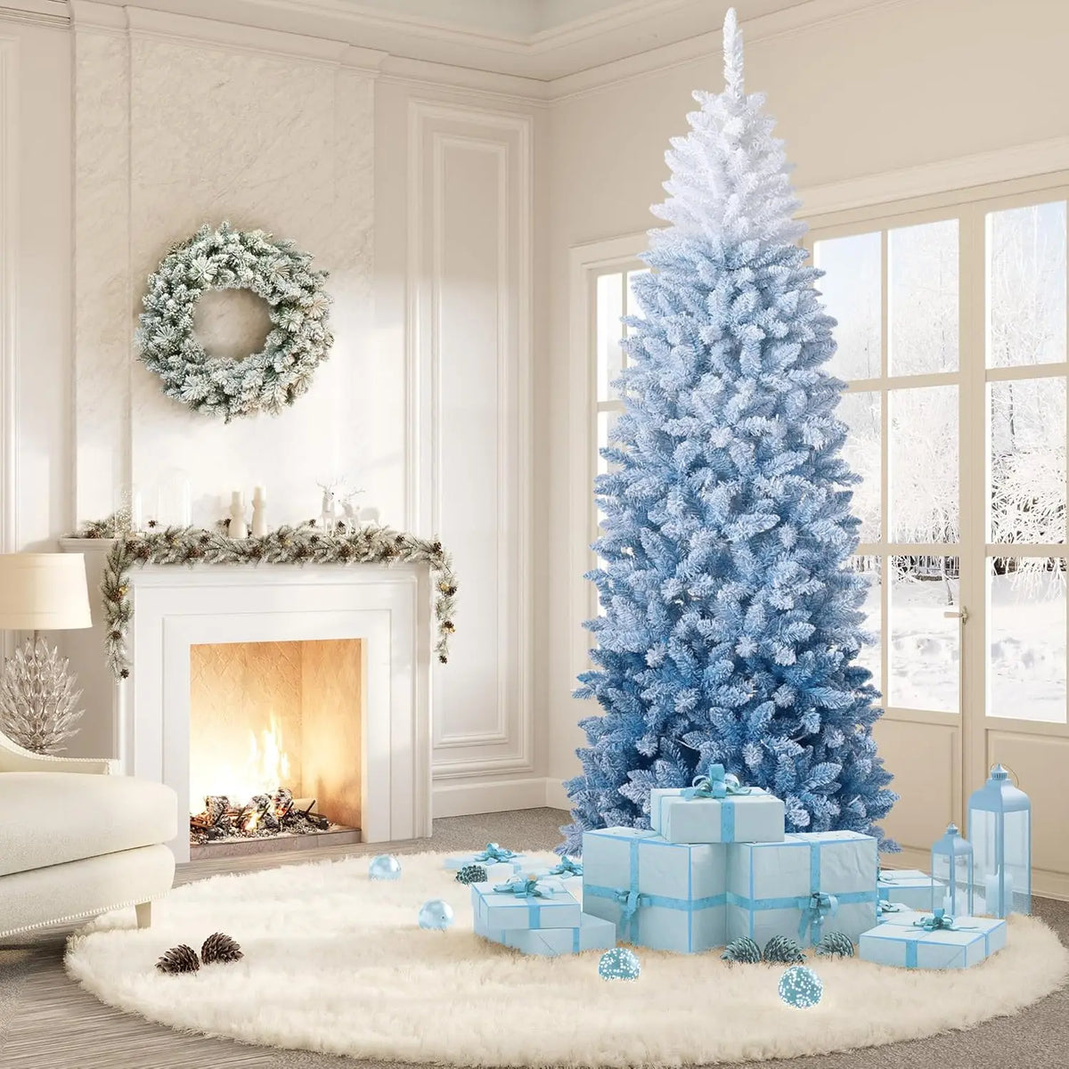 6FT/7.5FT Snow Flocked Pencil Christmas Tree Slim Artificial Christmas Tree Skinny Xmas Tree Holiday Decoration Blue Gradient