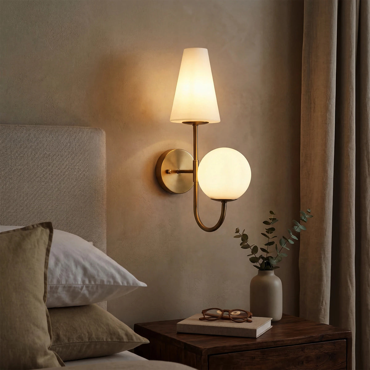 Tribesigns Gold Double-Headed Wall Sconce, Elegant Wall Lamp with Milky White Glass Shade, Metal Wall Light Fixtures for Bedroom