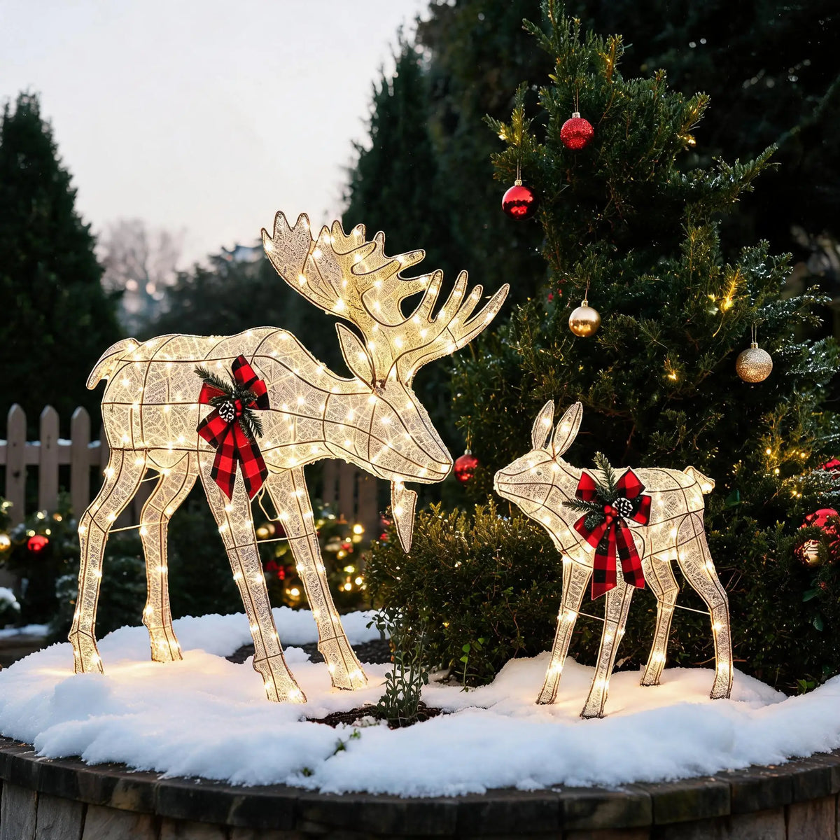 2 Piece Lighted Christmas Reindeer Family Outdoor Yard Decoration with 240 LED Lights Gold Glowing Reindeer Lawn Ornament Holiday Party Garden Yard Decor Winter Festival Outdoor Display