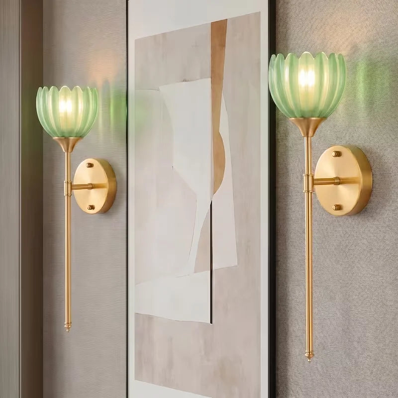 2-Pack Golden Flower Wall Sconces Amber Glass Bedside Wall Lamps Versatile Elegance Anywhere Modern Brass Wall Light Fixtures for Bedroom Hallway Living Room