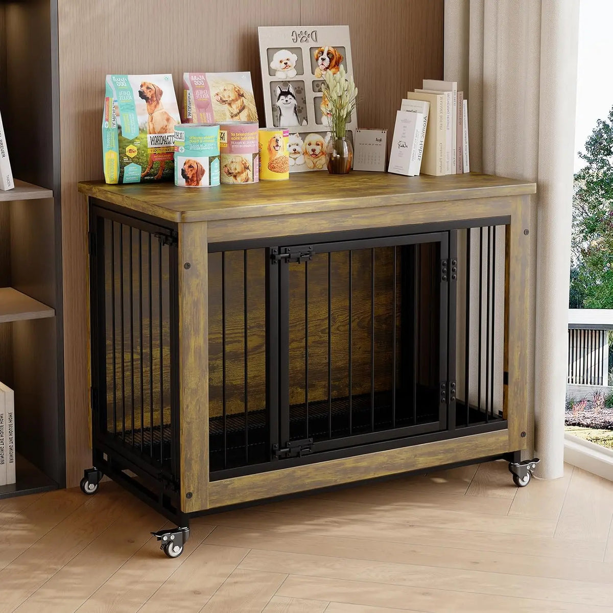 ANIXOL Wooden Dog Crate Furniture Featuring Locking Doors And Tray
