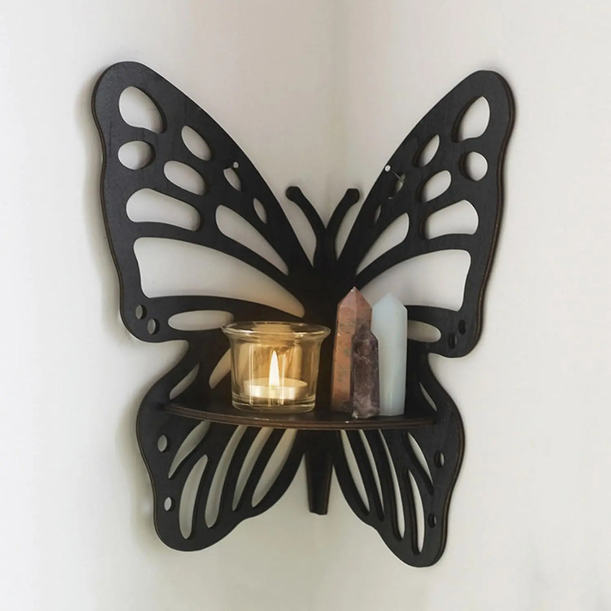 Butterfly Wooden Floating Corner Shelf For Crystal And Figurine Display