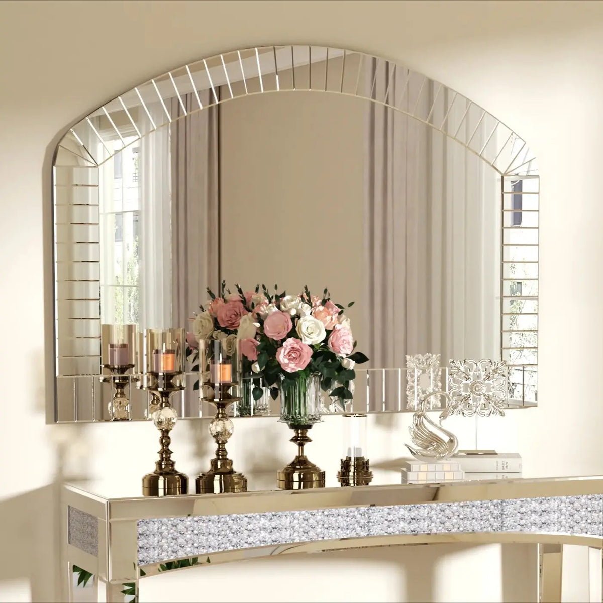 Venetian Arched Wall Mirror With Beveled Glass Accent