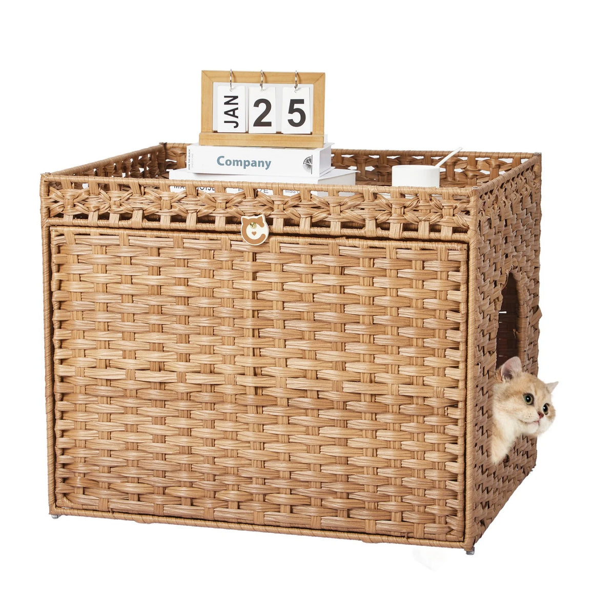 Large Hidden Cat Litter Box Furniture Cabinet, Rattan Cat Washroom Enclosure with Mat, Indoor Cat Toilet