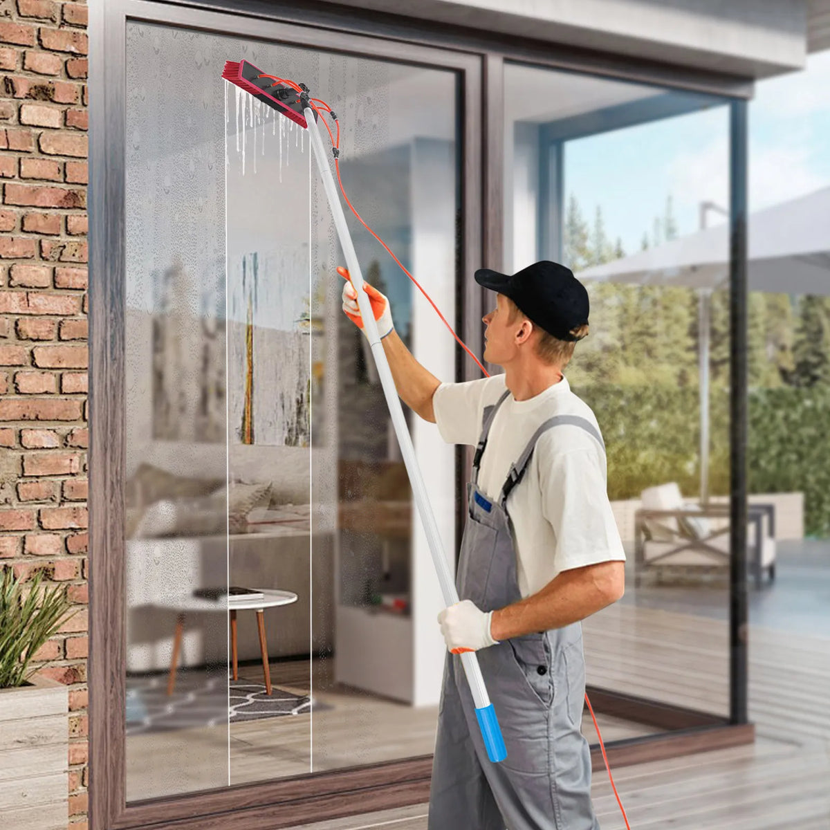 Adjustable Water Fed Window Cleaning Pole With Brush And Squeegee