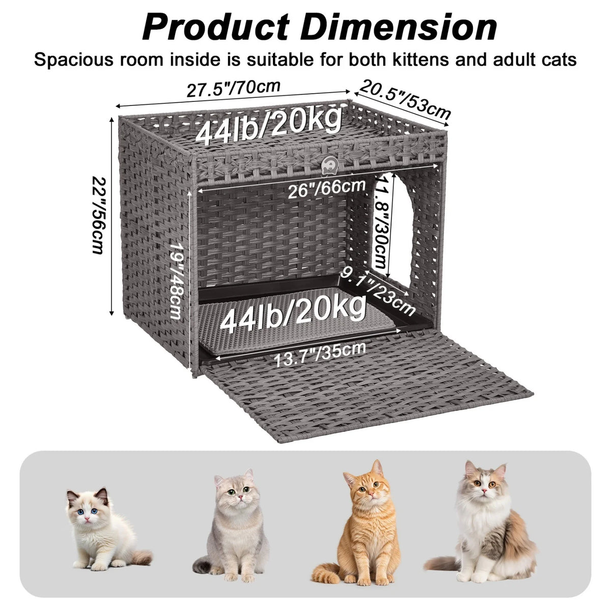 Large Hidden Cat Litter Box Furniture Cabinet, Rattan Cat Washroom Enclosure with Mat, Indoor Cat Toilet