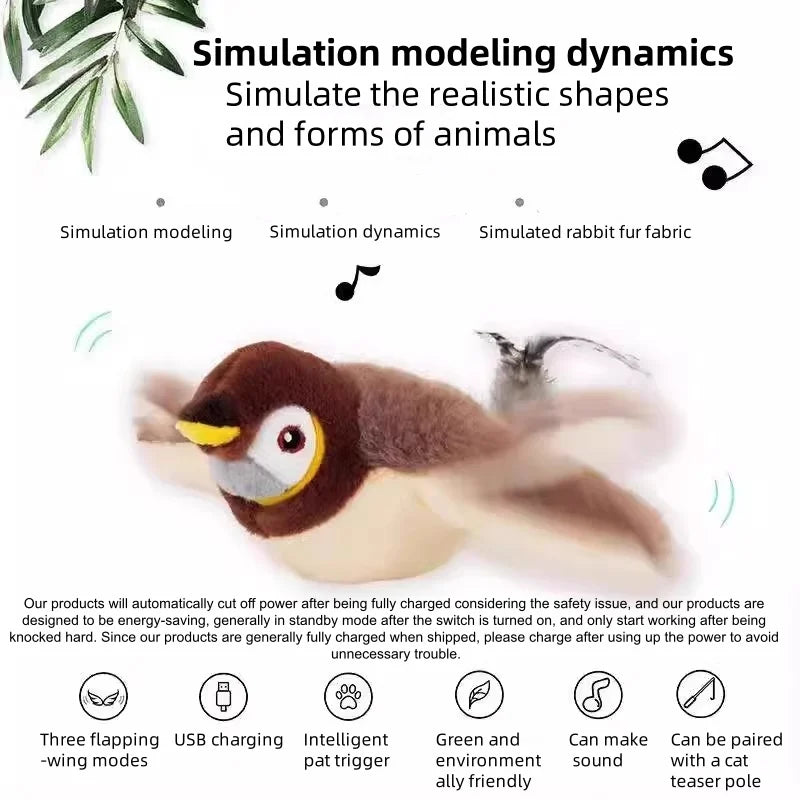 Interactive Chirping Flapping Plush Bird Cat Toy With Touch Activation