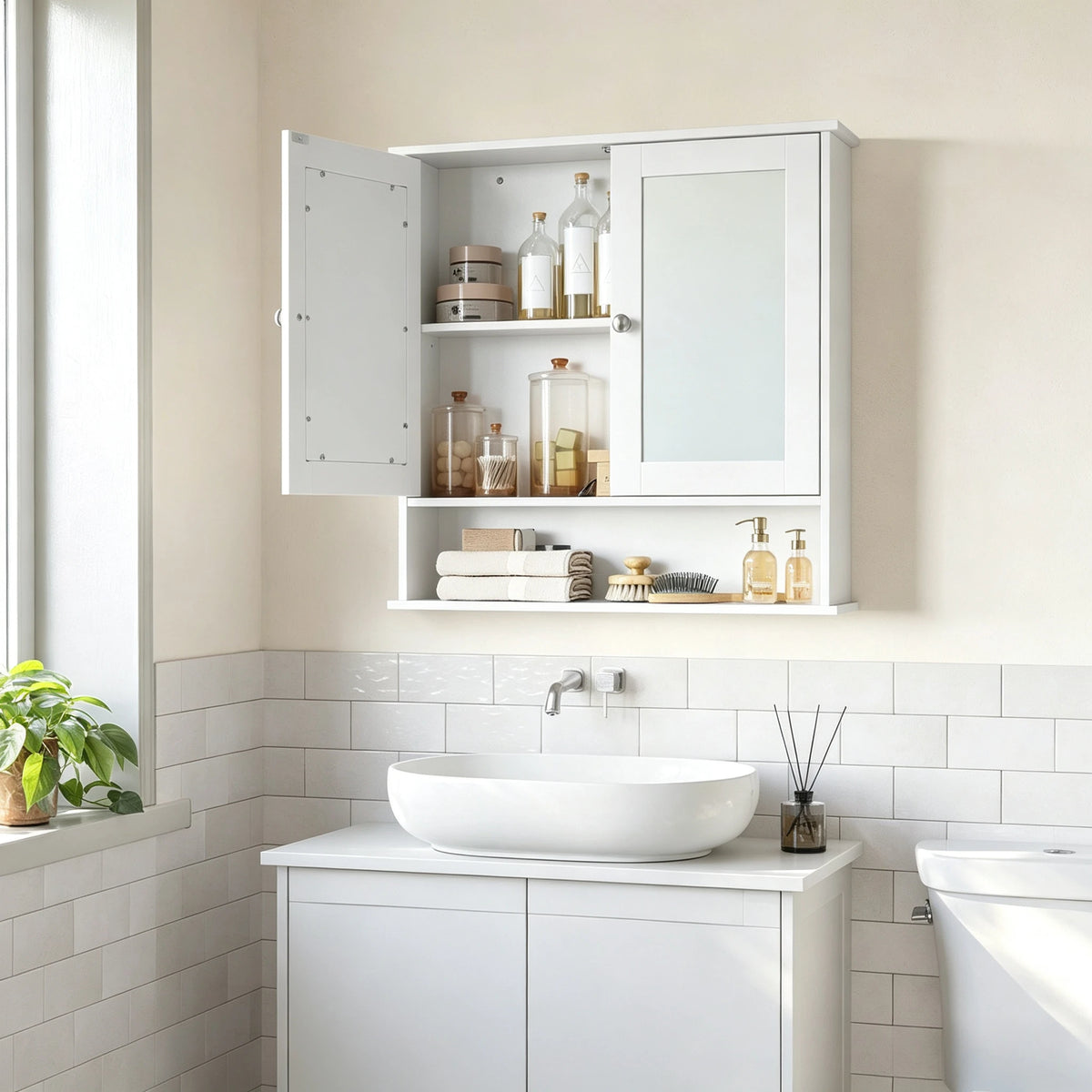 Bathroom Mirror Medicine Cabinet With Adjustable Shelf And Open Storage