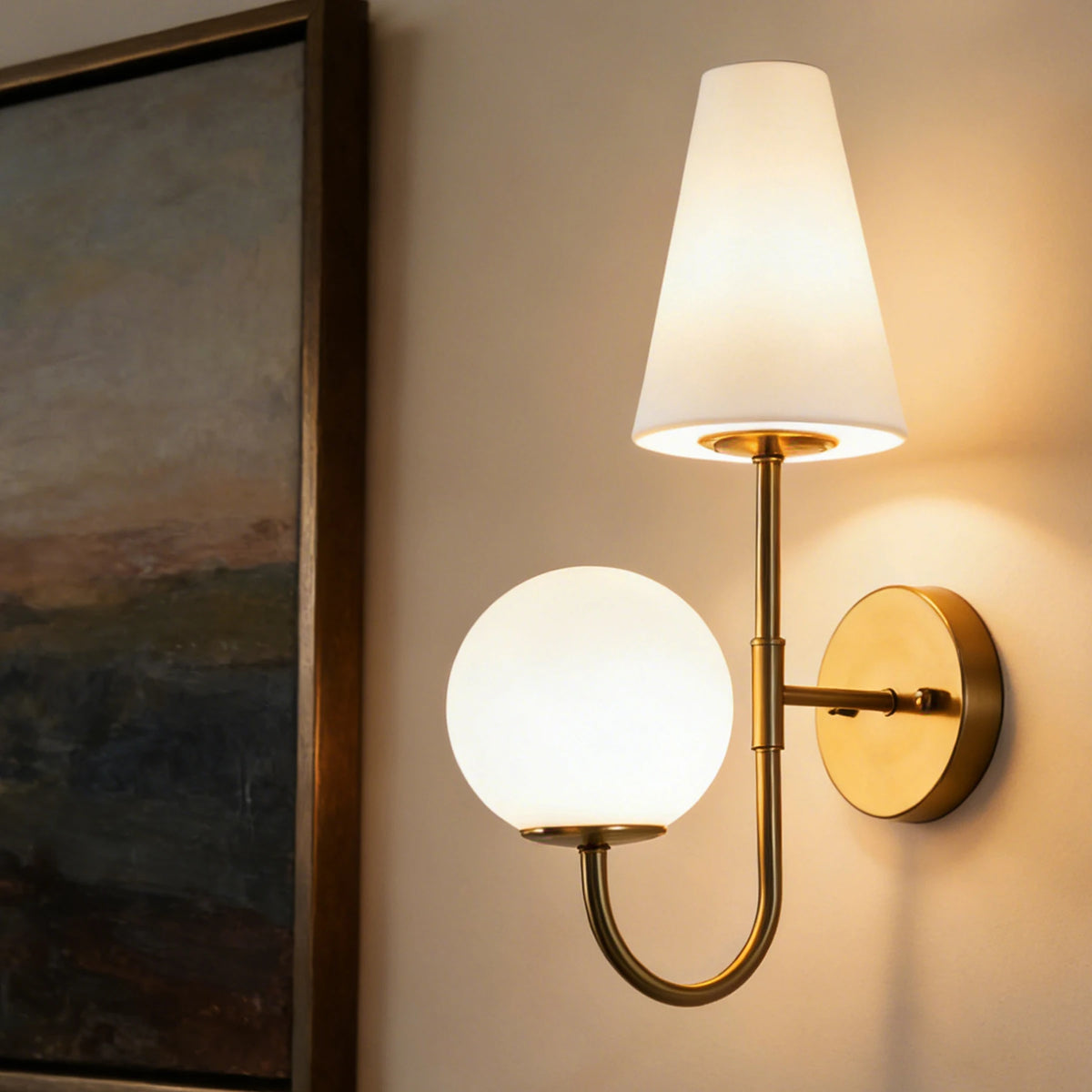Tribesigns Gold Double-Headed Wall Sconce, Elegant Wall Lamp with Milky White Glass Shade, Metal Wall Light Fixtures for Bedroom