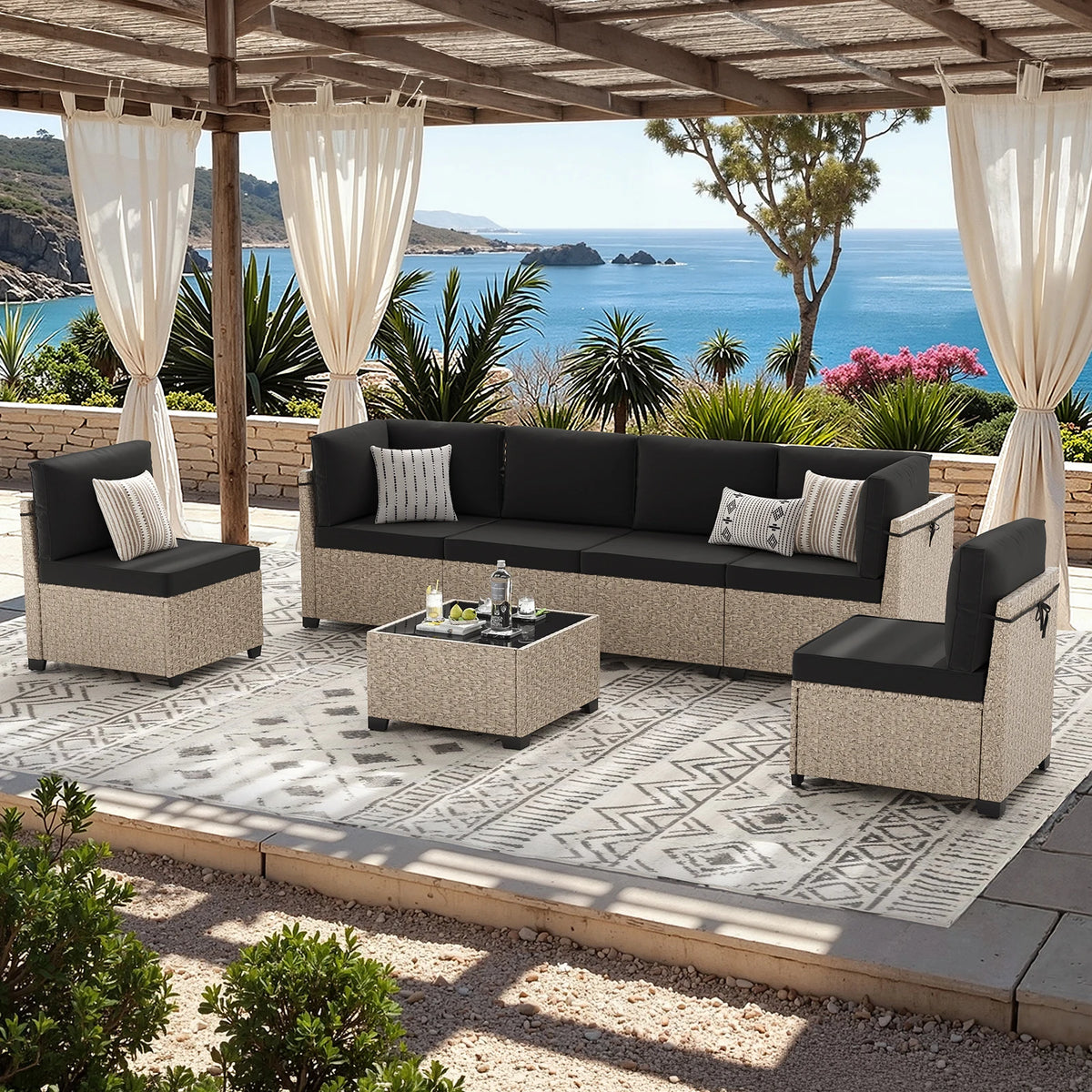 Soohow Outdoor Rattan Sectional Sofa Set With Tempered Glass Table