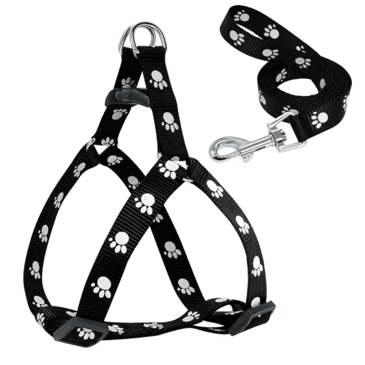 Nylon Dog Harness and Leash Set Adjustable Paw Print Dog Harness Walking Leash Strap Small Medium Dogs S/M/L