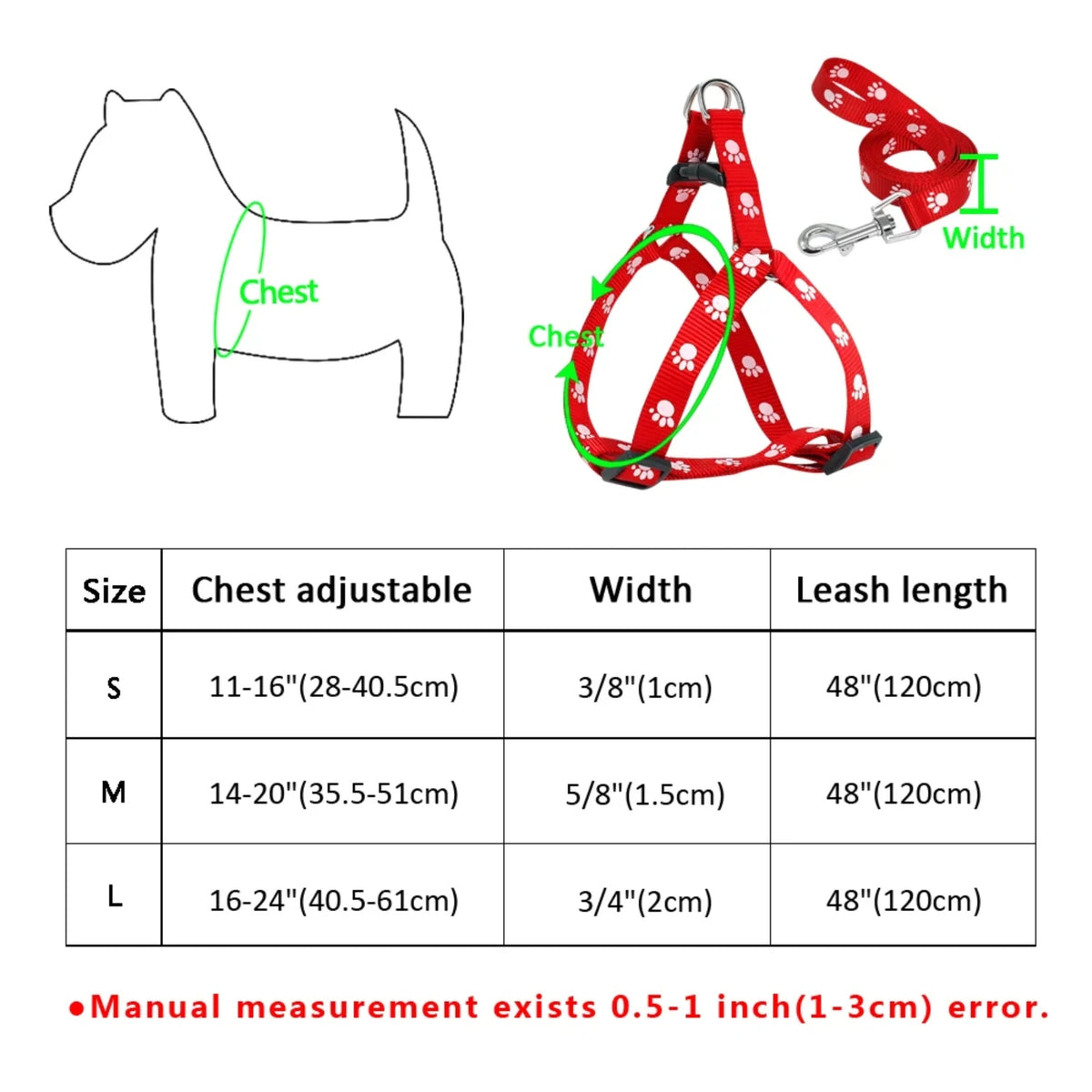 Nylon Dog Harness and Leash Set Adjustable Paw Print Dog Harness Walking Leash Strap Small Medium Dogs S/M/L