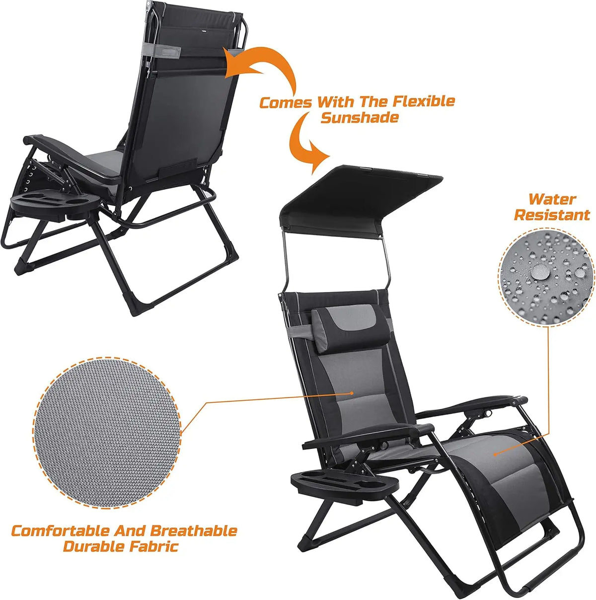 Outdoor Folding Recliner Chair With Padded Seat And Sunshade