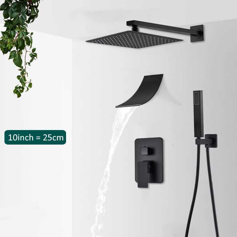 Quyanre Matte Black Shower Faucets Set Rain Waterfall Concealed Shower System Wall Mount Bathtub Shower Mixer Shower Combo Set