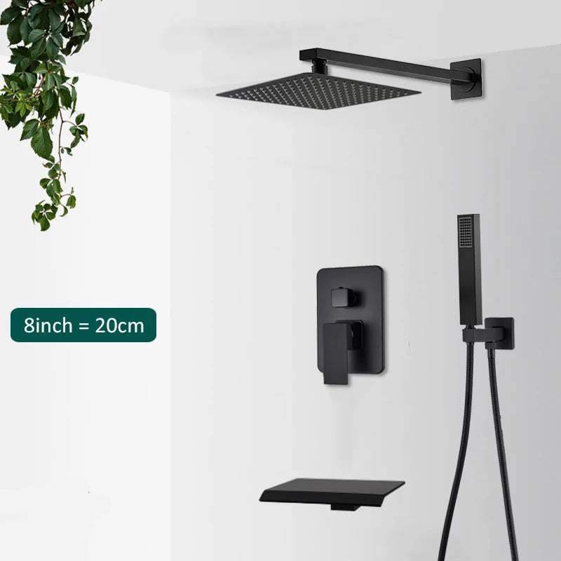 Quyanre Matte Black Shower Faucets Set Rain Waterfall Concealed Shower System Wall Mount Bathtub Shower Mixer Shower Combo Set