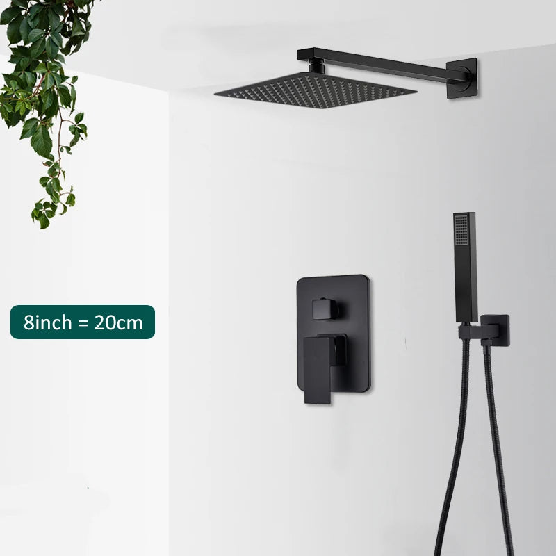 Quyanre Matte Black Shower Faucets Set Rain Waterfall Concealed Shower System Wall Mount Bathtub Shower Mixer Shower Combo Set