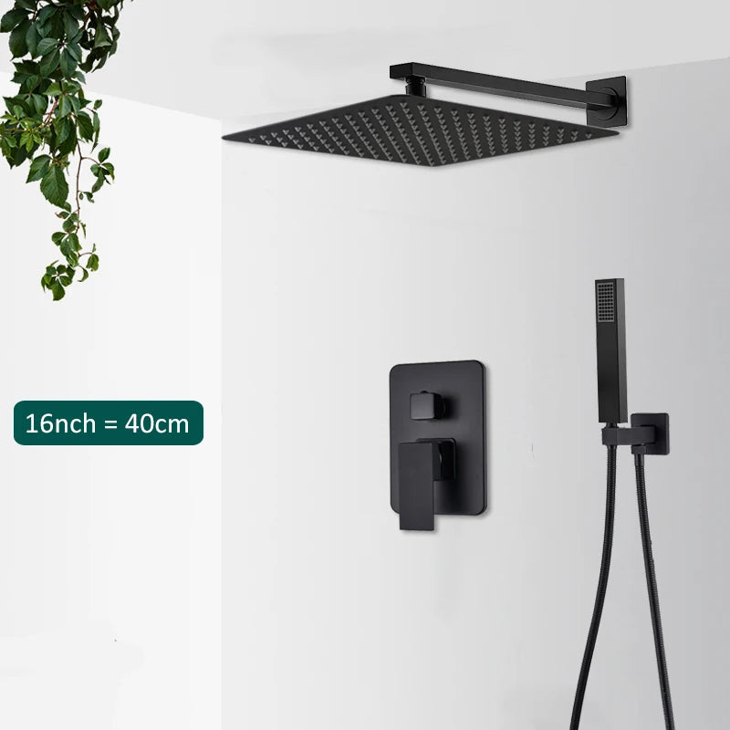 Quyanre Matte Black Shower Faucets Set Rain Waterfall Concealed Shower System Wall Mount Bathtub Shower Mixer Shower Combo Set