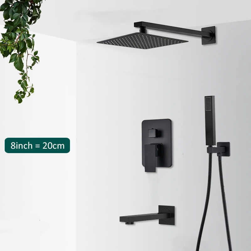 Quyanre Matte Black Shower Faucets Set Rain Waterfall Concealed Shower System Wall Mount Bathtub Shower Mixer Shower Combo Set