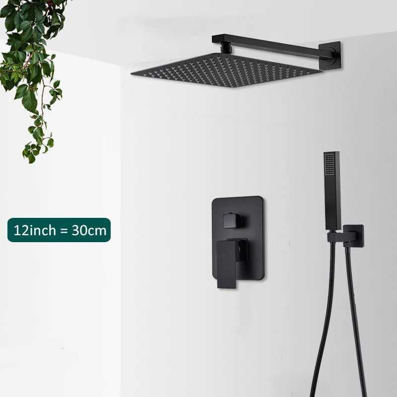Quyanre Matte Black Shower Faucets Set Rain Waterfall Concealed Shower System Wall Mount Bathtub Shower Mixer Shower Combo Set