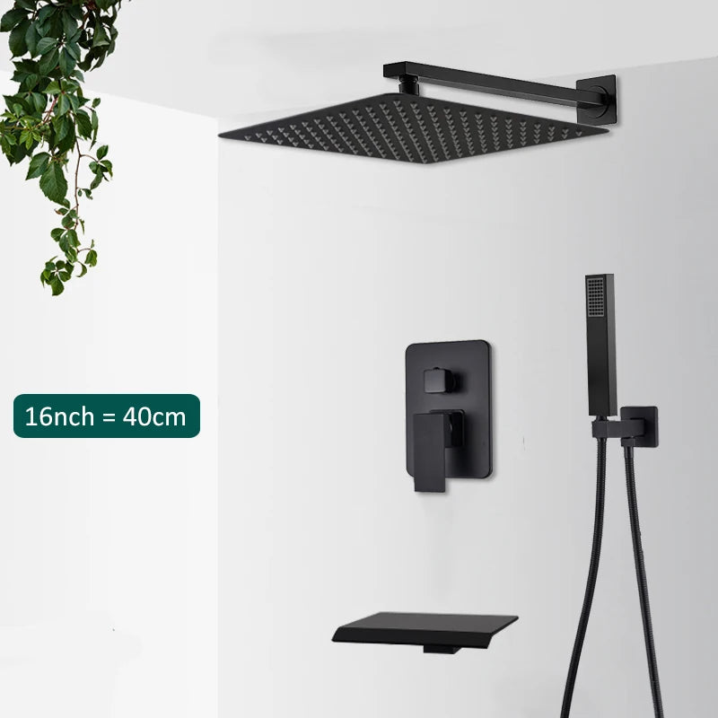 Quyanre Matte Black Shower Faucets Set Rain Waterfall Concealed Shower System Wall Mount Bathtub Shower Mixer Shower Combo Set