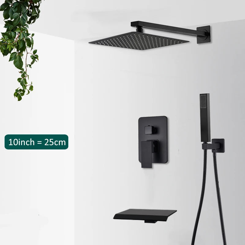 Quyanre Matte Black Shower Faucets Set Rain Waterfall Concealed Shower System Wall Mount Bathtub Shower Mixer Shower Combo Set