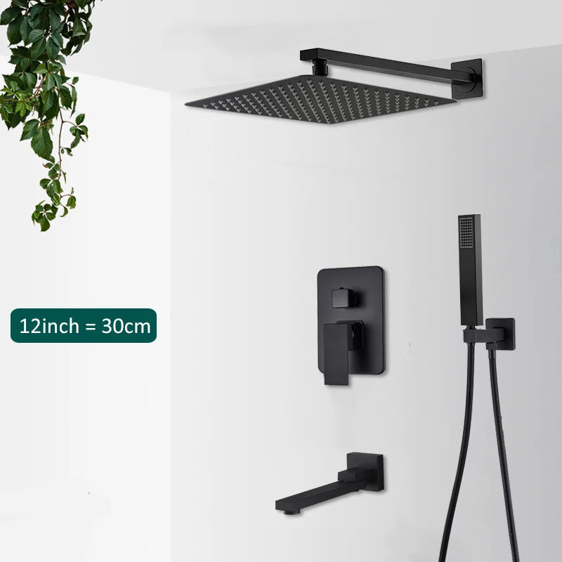 Quyanre Matte Black Shower Faucets Set Rain Waterfall Concealed Shower System Wall Mount Bathtub Shower Mixer Shower Combo Set