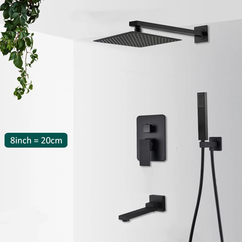 Quyanre Matte Black Shower Faucets Set Rain Waterfall Concealed Shower System Wall Mount Bathtub Shower Mixer Shower Combo Set