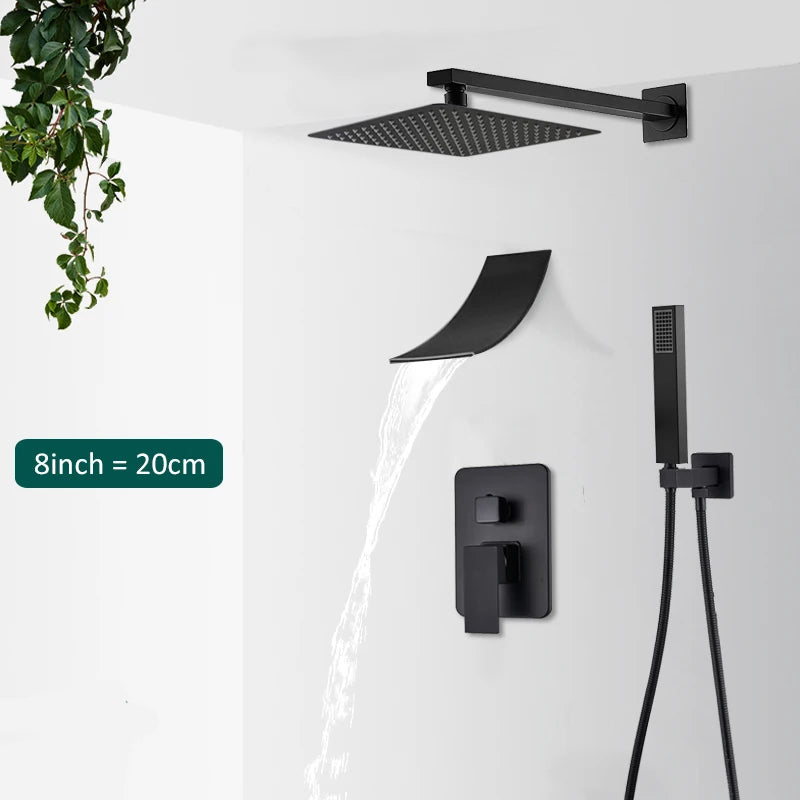 Quyanre Matte Black Shower Faucets Set Rain Waterfall Concealed Shower System Wall Mount Bathtub Shower Mixer Shower Combo Set