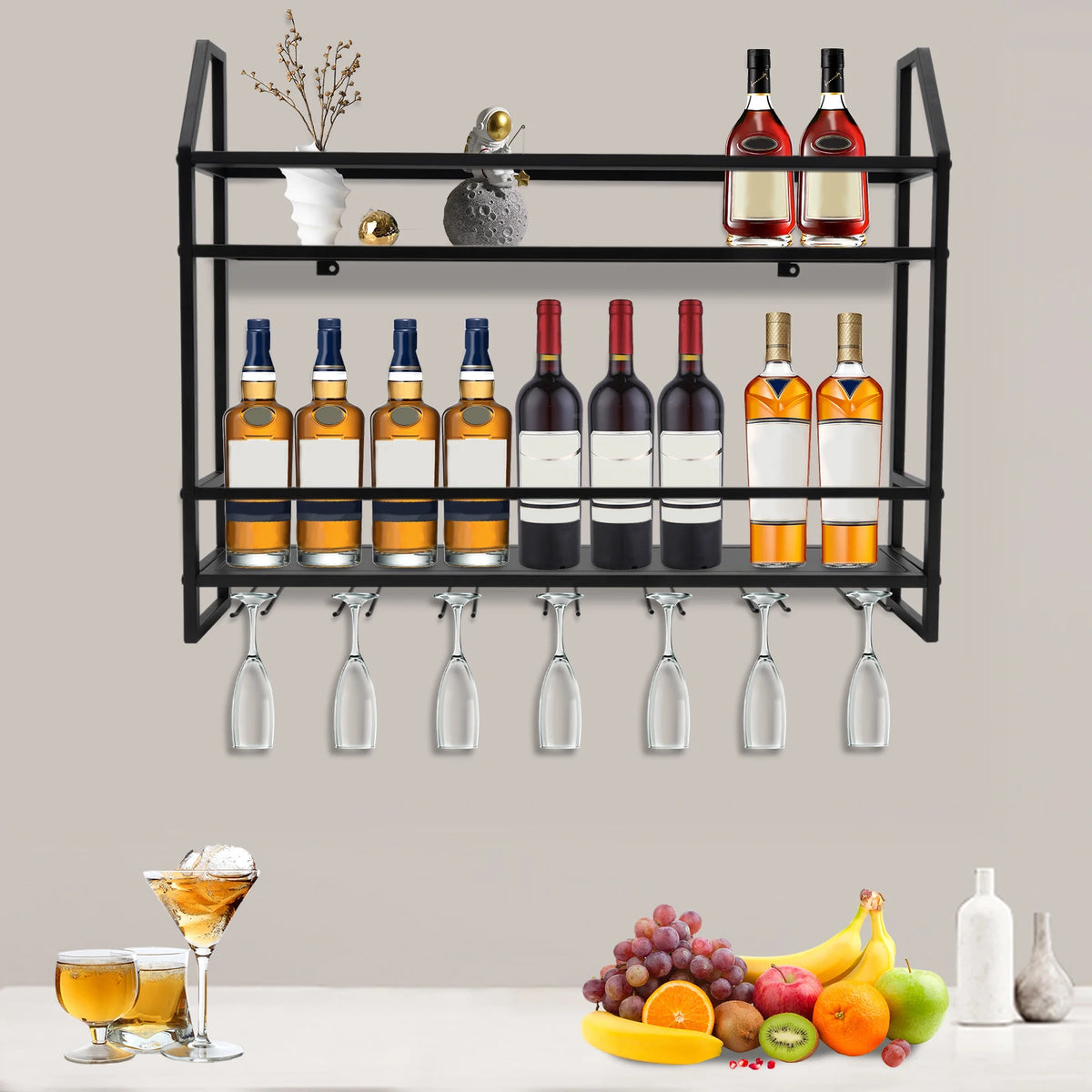 Wall Mounted Metal Wine Rack With Glass Holder Shelf