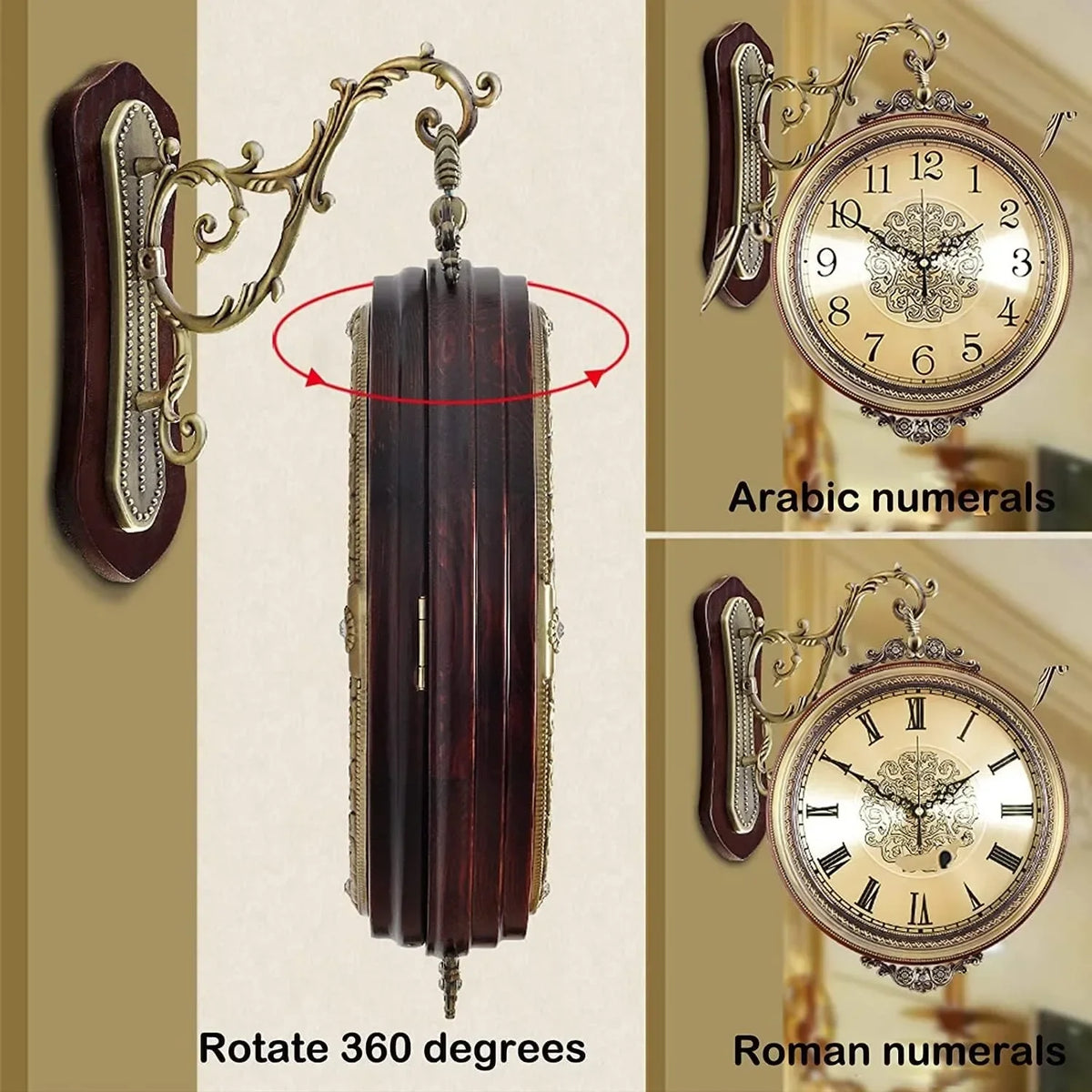 Double Sided Silent Vintage European Style Wall Clock