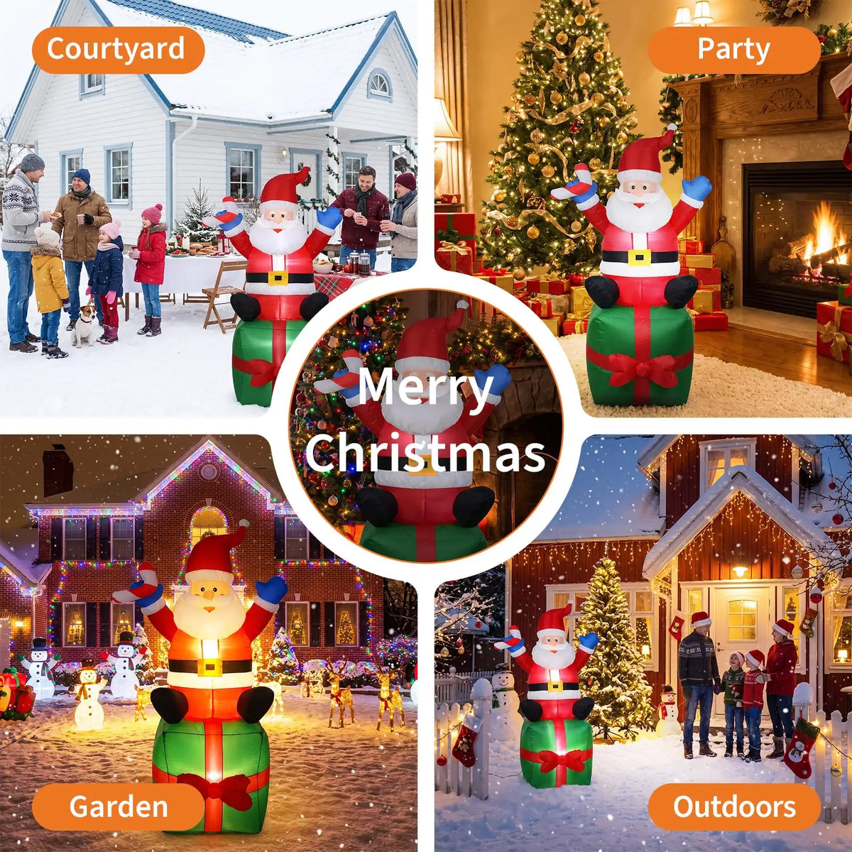 6ft Inflatable Santa Claus on Gift Box Outdoor Christmas Yard Decoration Height 180cm Blow Up Holiday Party Winter Festival Garden Home Display Festive Decor Ornament Supplies Equipment
