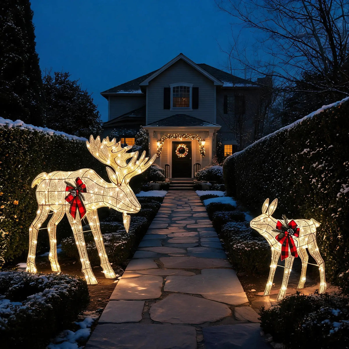 2 Piece Lighted Christmas Reindeer Family Outdoor Yard Decoration with 240 LED Lights Gold Glowing Reindeer Lawn Ornament Holiday Party Garden Yard Decor Winter Festival Outdoor Display