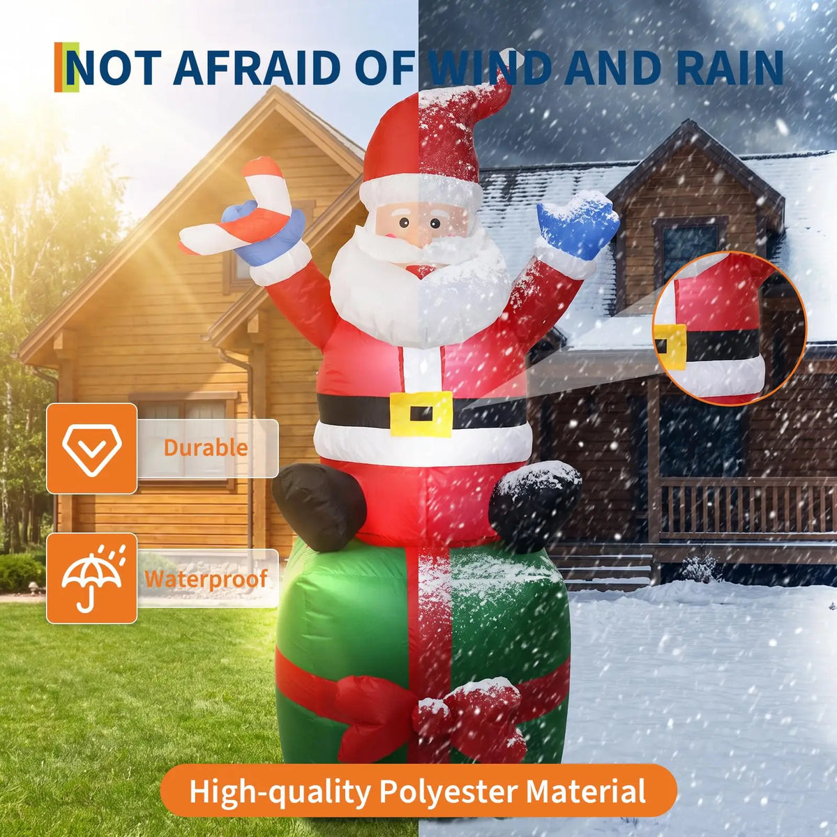 6ft Inflatable Santa Claus on Gift Box Outdoor Christmas Yard Decoration Height 180cm Blow Up Holiday Party Winter Festival Garden Home Display Festive Decor Ornament Supplies Equipment