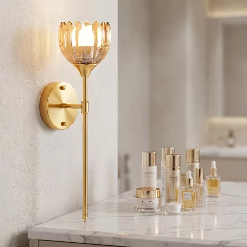 2-Pack Golden Flower Wall Sconces Amber Glass Bedside Wall Lamps Versatile Elegance Anywhere Modern Brass Wall Light Fixtures for Bedroom Hallway Living Room