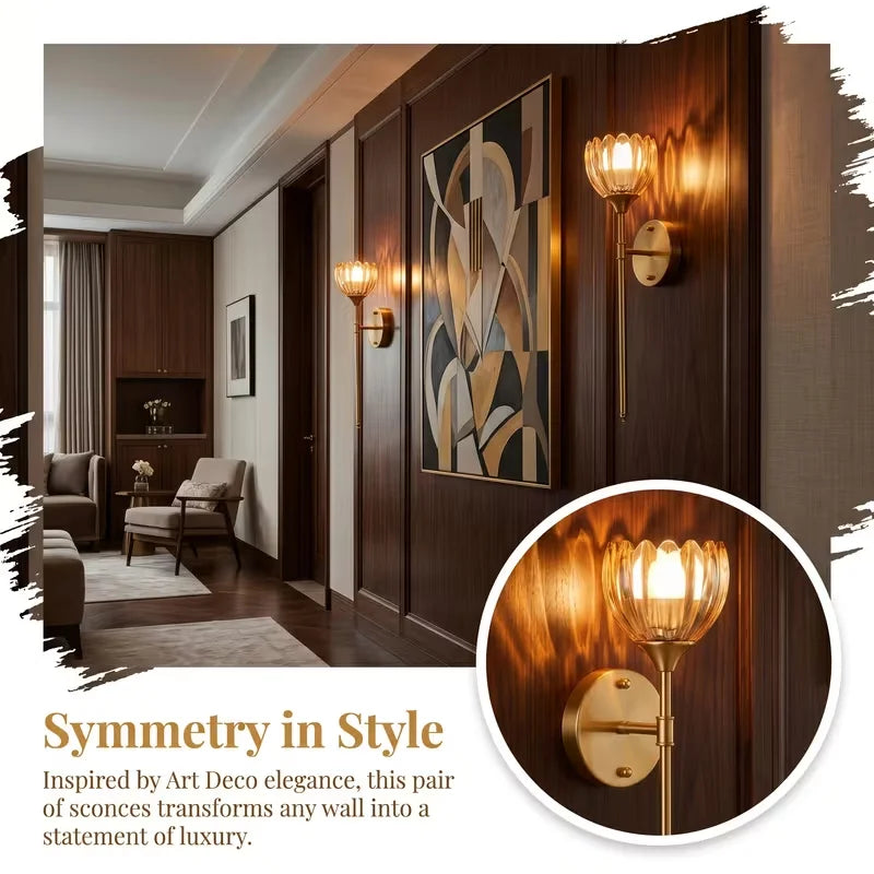 2-Pack Golden Flower Wall Sconces Amber Glass Bedside Wall Lamps Versatile Elegance Anywhere Modern Brass Wall Light Fixtures for Bedroom Hallway Living Room