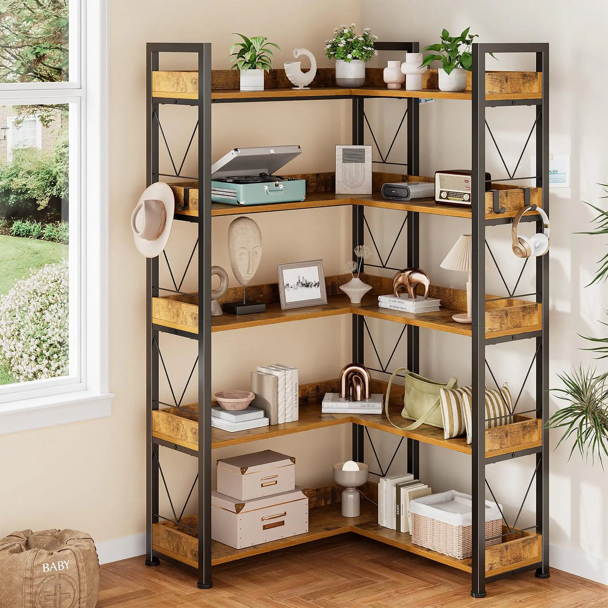 JHK L Shaped Bookshelf With Five Tiers And Metal Frame