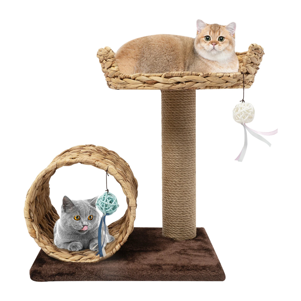 Hand Made Paper Rope Cat Tree 2-Level, Bow Shaped Cat Tree with 2 Toy Balls, 36.46lbs Capacity for Large Cats
