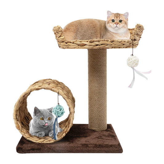 Hand Made Paper Rope Cat Tree 2-Level, Bow Shaped Cat Tree with 2 Toy Balls, 36.46lbs Capacity for Large Cats