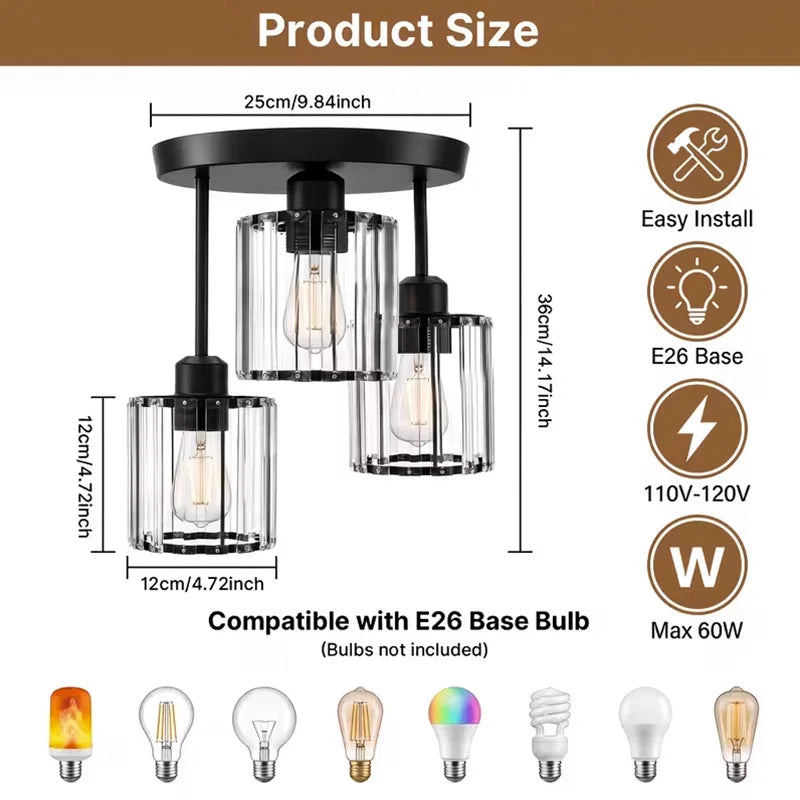 Contemporary Semi-Flush Ceiling Light, Three-Bulb Pendant Fixture with E26 Base, Crystal Chandelier Suitable for Bedrooms, Living Rooms
