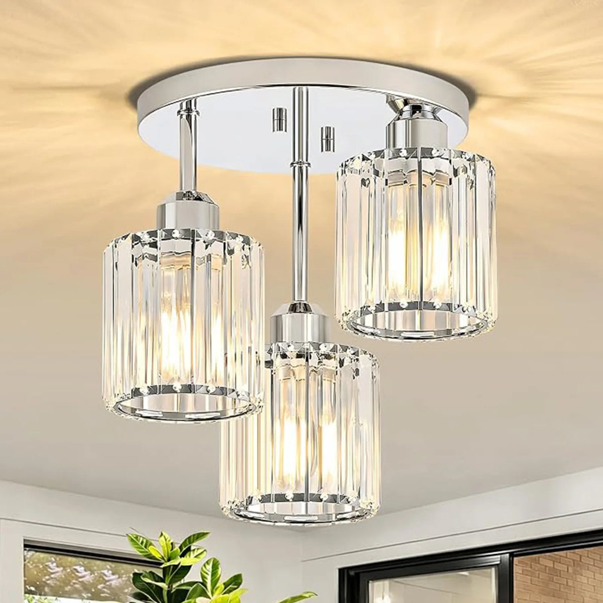 Contemporary Semi-Flush Ceiling Light, Three-Bulb Pendant Fixture with E26 Base, Crystal Chandelier Suitable for Bedrooms, Living Rooms