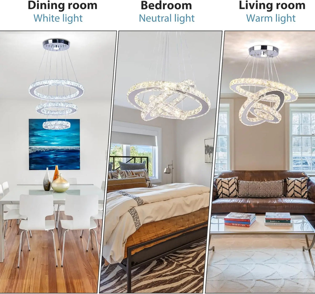 3-Ring Crystal Pendant Light, Adjustable LED, Dimmable | Modern Hanging Chandelier for Dining Room, Kitchen Island, Bedroom or Living Room