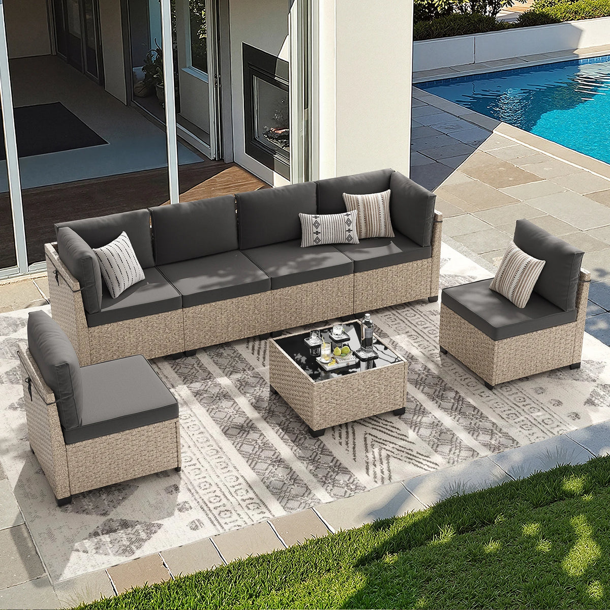 Soohow Outdoor Rattan Sectional Sofa Set With Tempered Glass Table