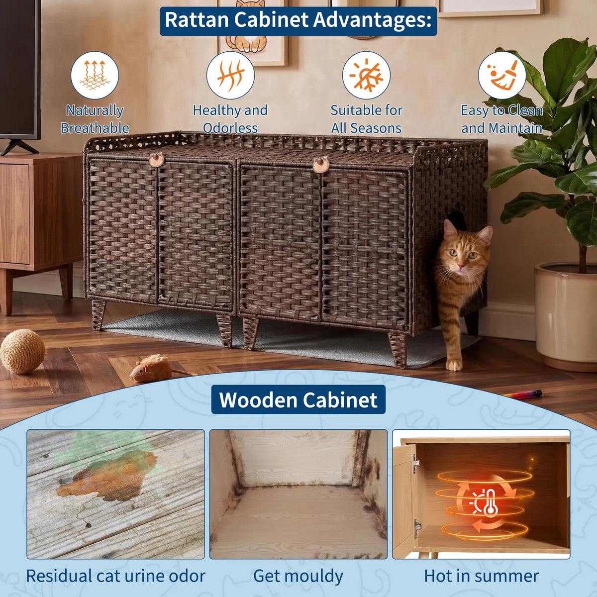 Large Rattan Litter Box Enclosure For 2 Cats, Hidden Cat Furniture With 2 Doors, Litter Mat & Hooks, 47.2" Cat House