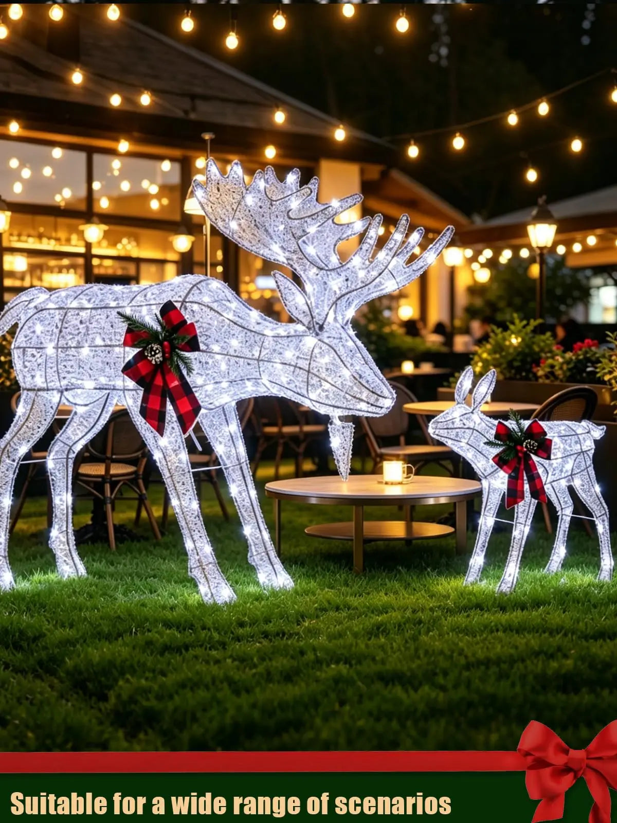 2 Piece Lighted Christmas Reindeer Family Outdoor Yard Decoration with 240 LED Lights Gold Glowing Reindeer Lawn Ornament Holiday Party Garden Yard Decor Winter Festival Outdoor Display