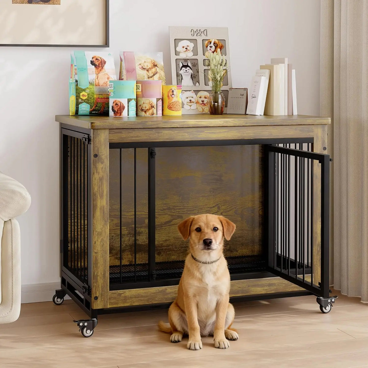 ANIXOL Wooden Dog Crate Furniture With Locking Wheels and Tray