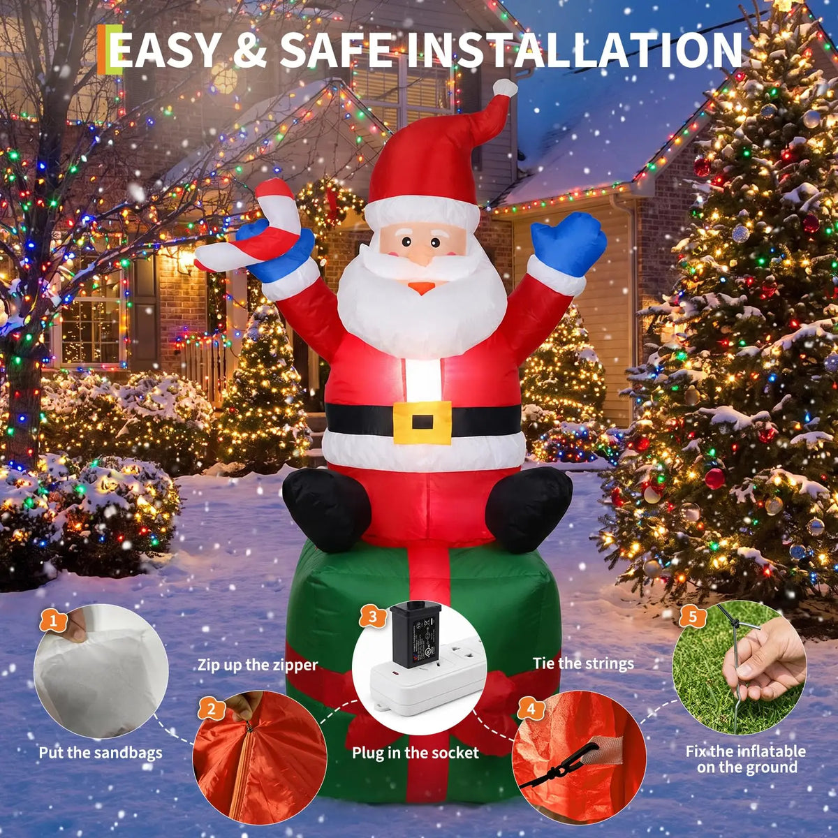 6ft Inflatable Santa Claus on Gift Box Outdoor Christmas Yard Decoration Height 180cm Blow Up Holiday Party Winter Festival Garden Home Display Festive Decor Ornament Supplies Equipment